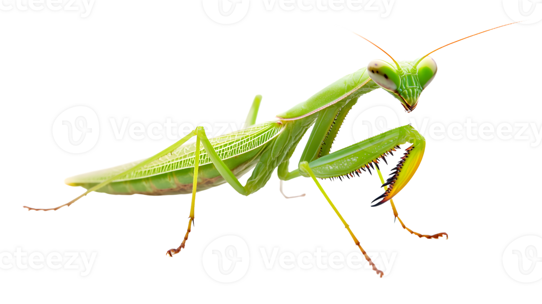 A vibrant green insect with long antennae and powerful front legs poised for action against a png