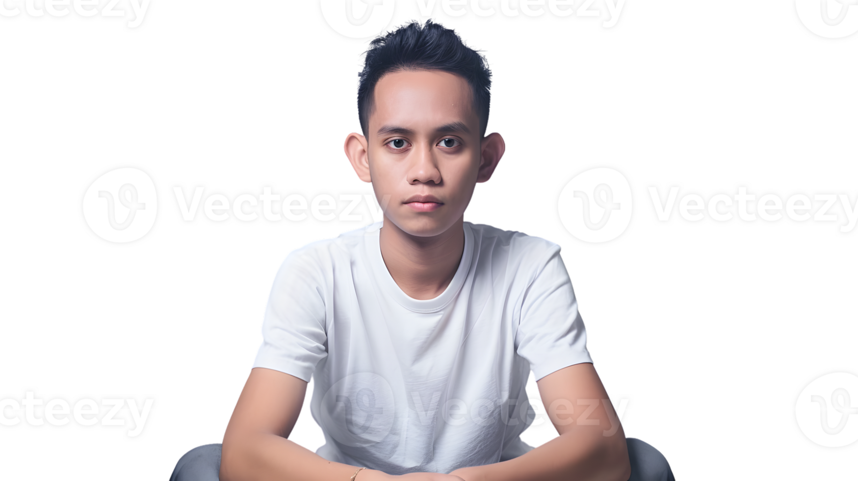 A young individual in a white tshirt seated against a black background ideal for profiles pr png
