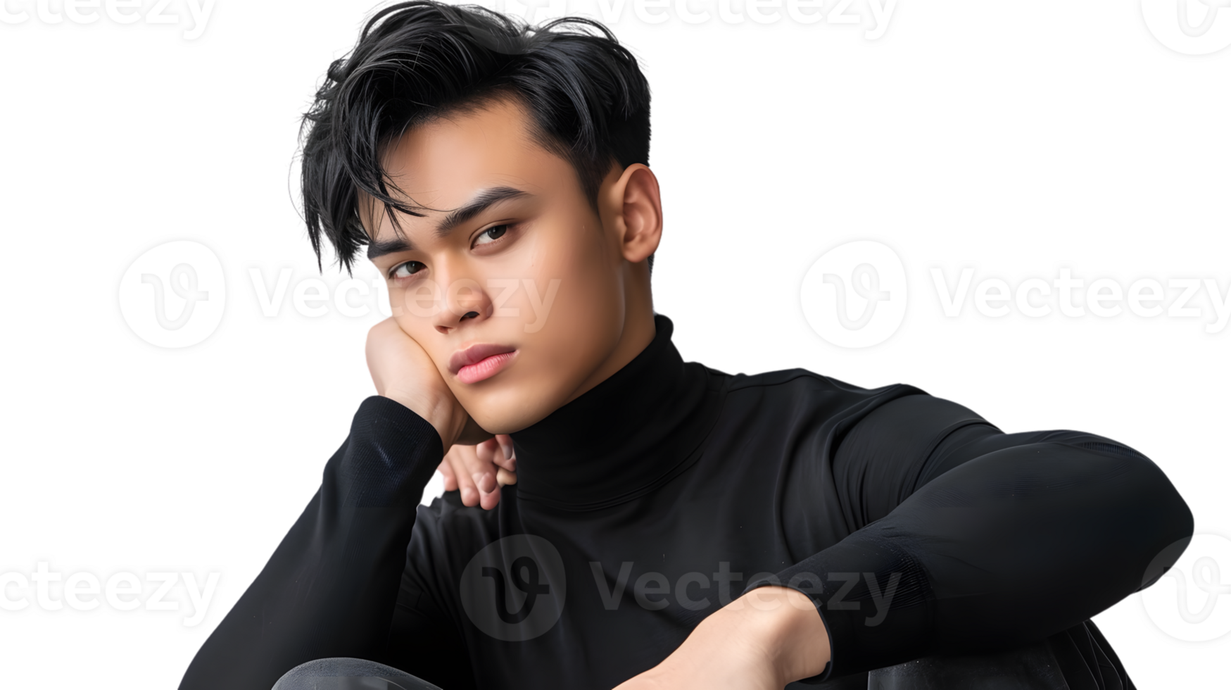 A young individual in a stylish black turtleneck posing confidently with a hand on the chin ag png