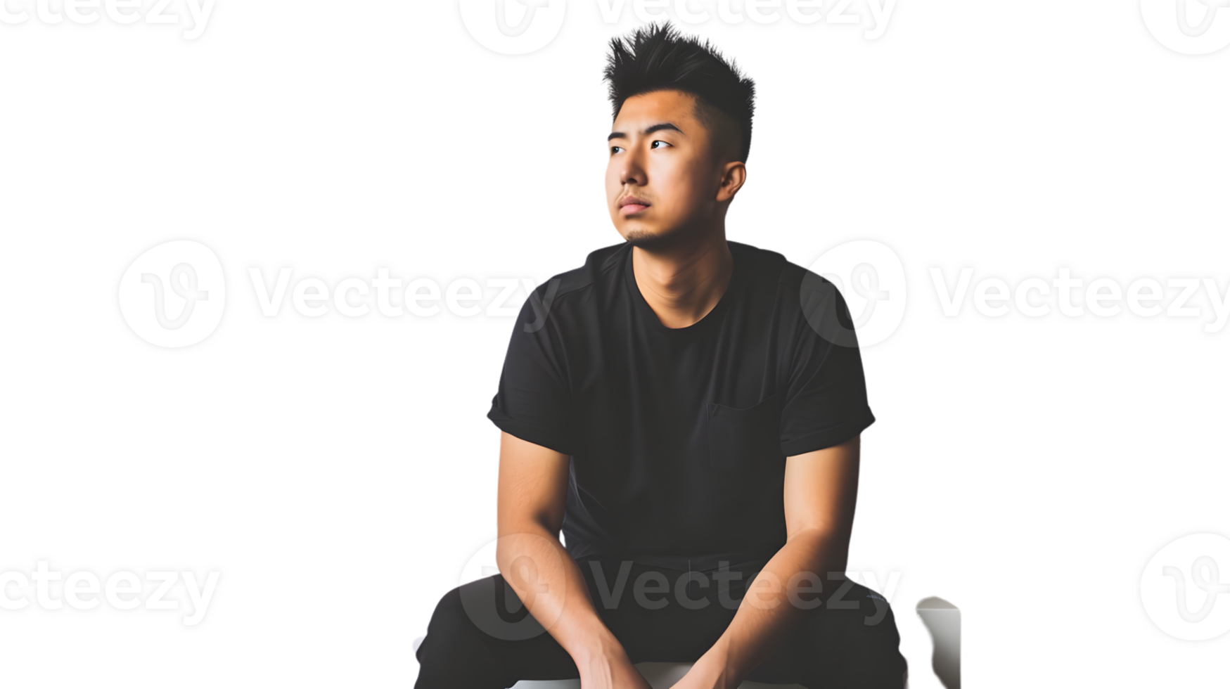 A young individual seated in a minimalist setting wearing a casual black outfit ideal for fas png
