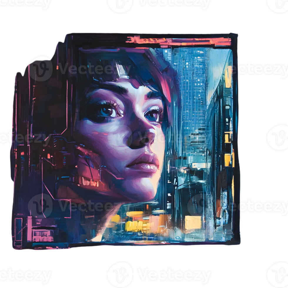 Abstract portrait of a woman with a futuristic cityscape in the background png