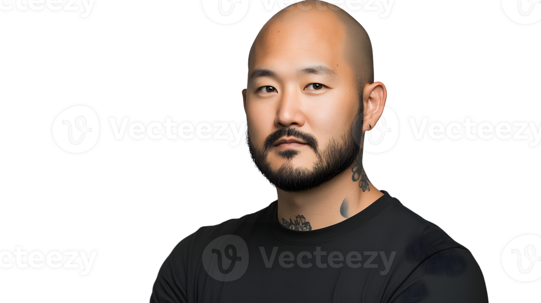 Bald man with tattoos and beard wearing a black shirt isolated on black background for versat png