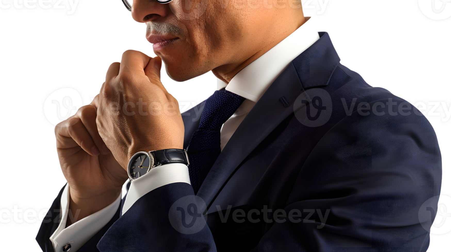 Closeup of a man in a suit hand on chin thoughtful expression wristwatch detail png