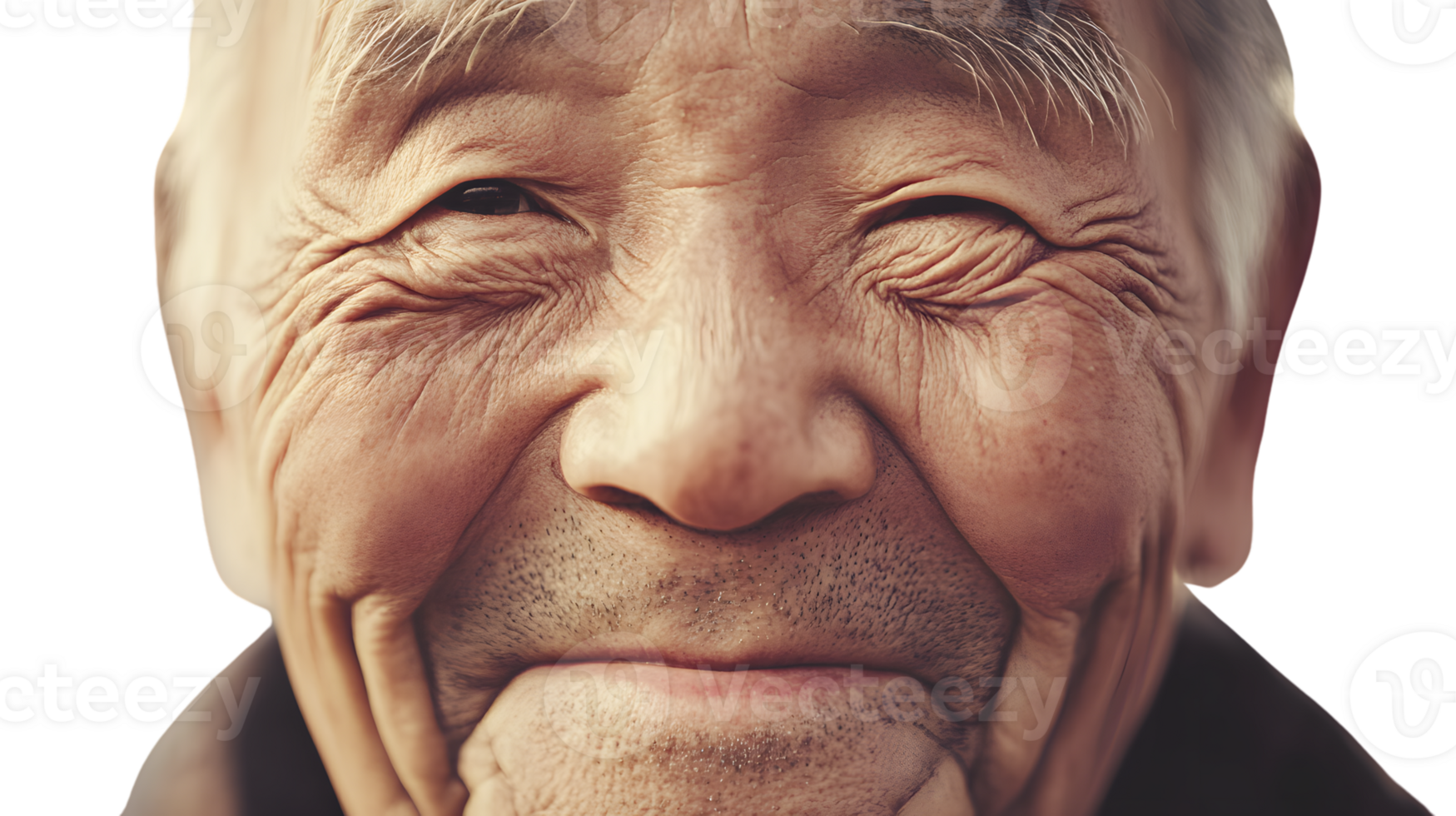Closeup portrait of a smiling senior mans face showing wrinkles and texture png