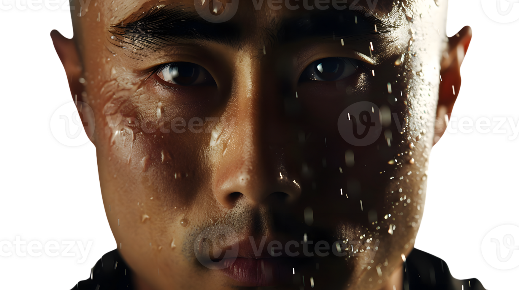 Closeup portrait of a sweaty persons face dark background png
