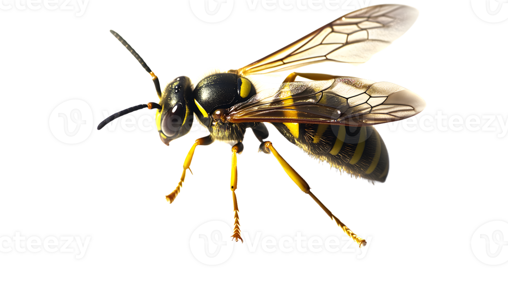 Detailed CloseUp of a Flying Insect with Striped Body and Transparent Wings Ideal for Nature png