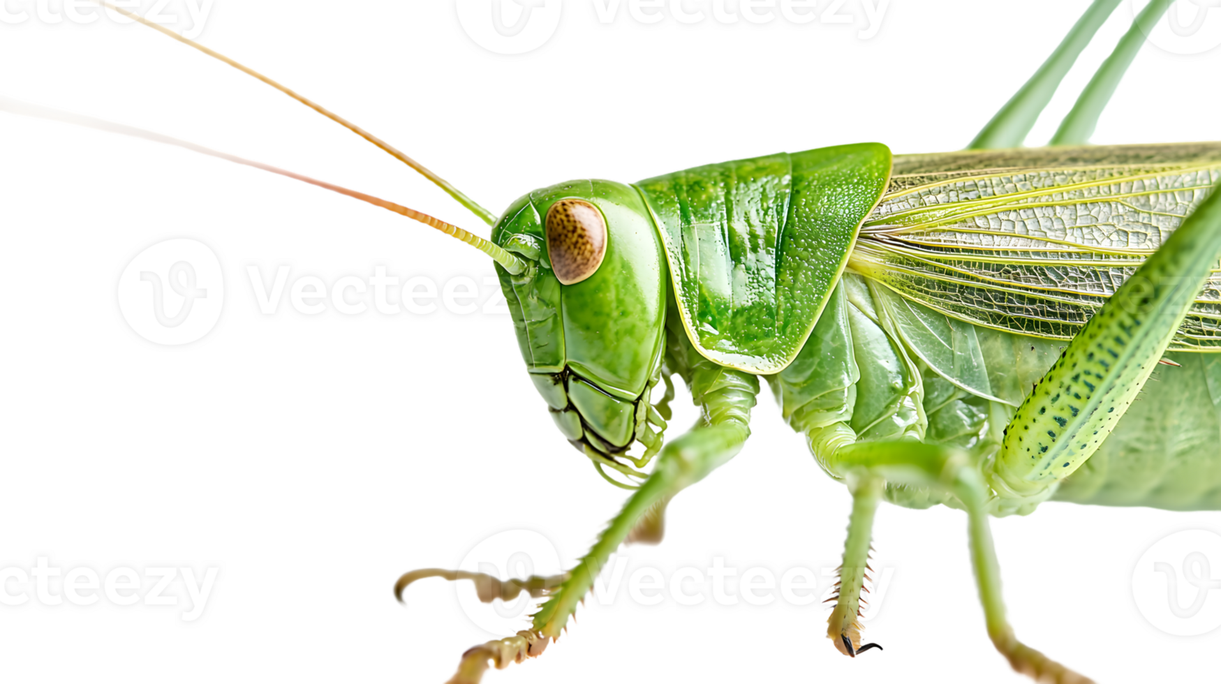Detailed CloseUp of a Vibrant Green Insect with Long Antennae and Transparent Wings on a Black png