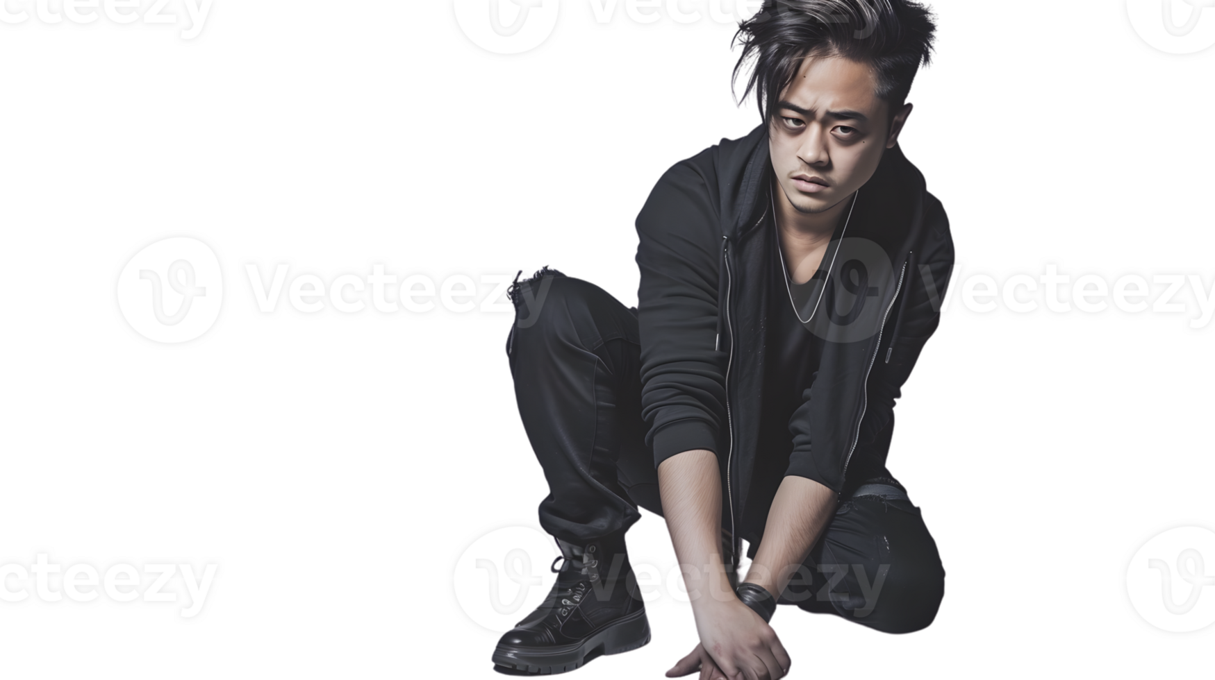Dynamic Pose of a Person in Casual Streetwear Kneeling with Intense Expression Ideal for Urba png