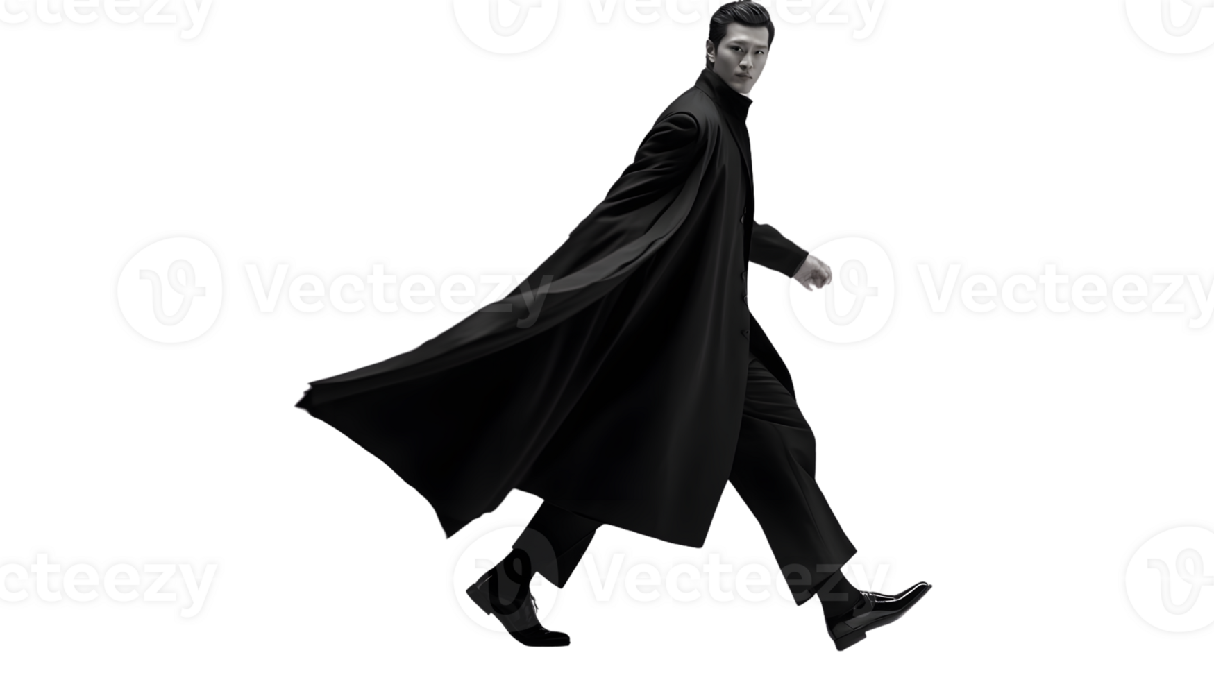 Elegant Man in a Black Coat Walking with Confidence on a Dark Background png