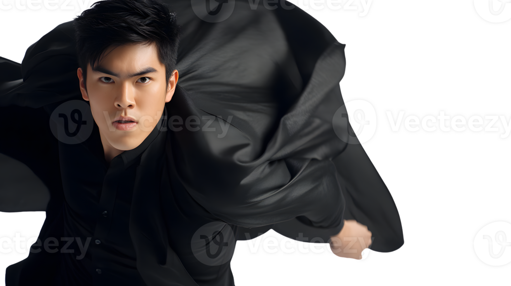 Dynamic Pose of a Man in Black with Flowing Fabric Dramatic Lighting Fashion Photography Hig png
