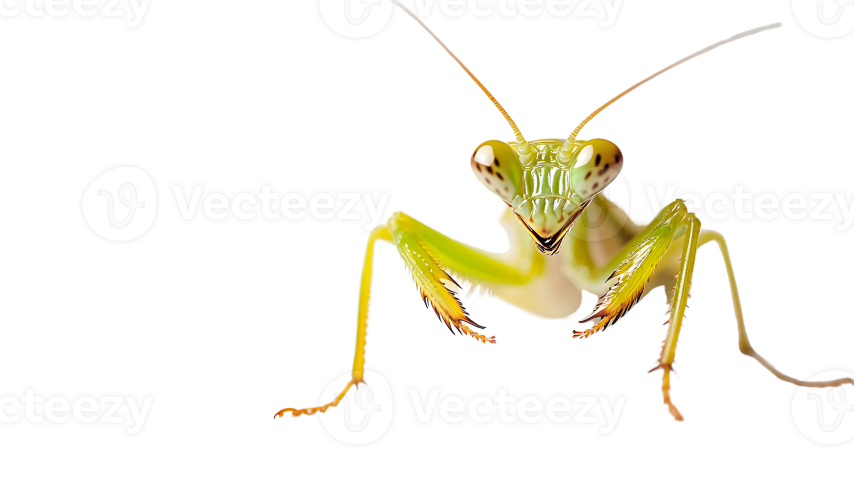 Insect with striking green and yellow hues poised for action against a stark black background png