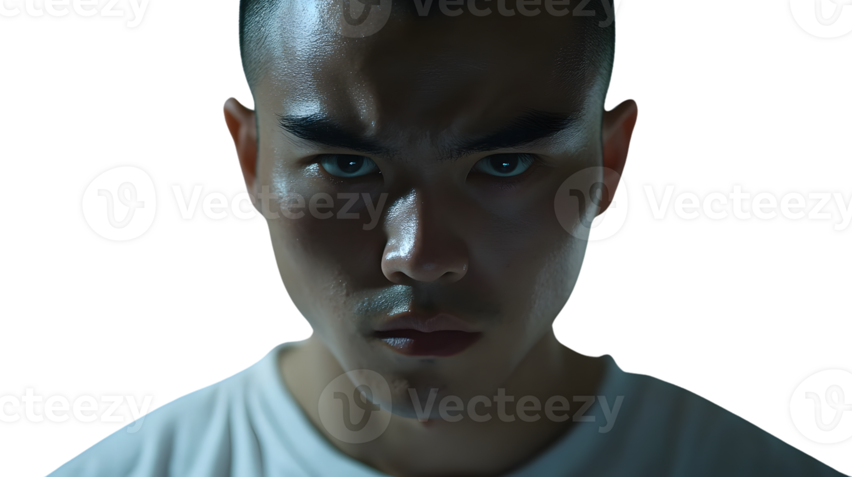 Intense Gaze A CloseUp Portrait of a Young Individual with Bold Features and Expressive Eyes png