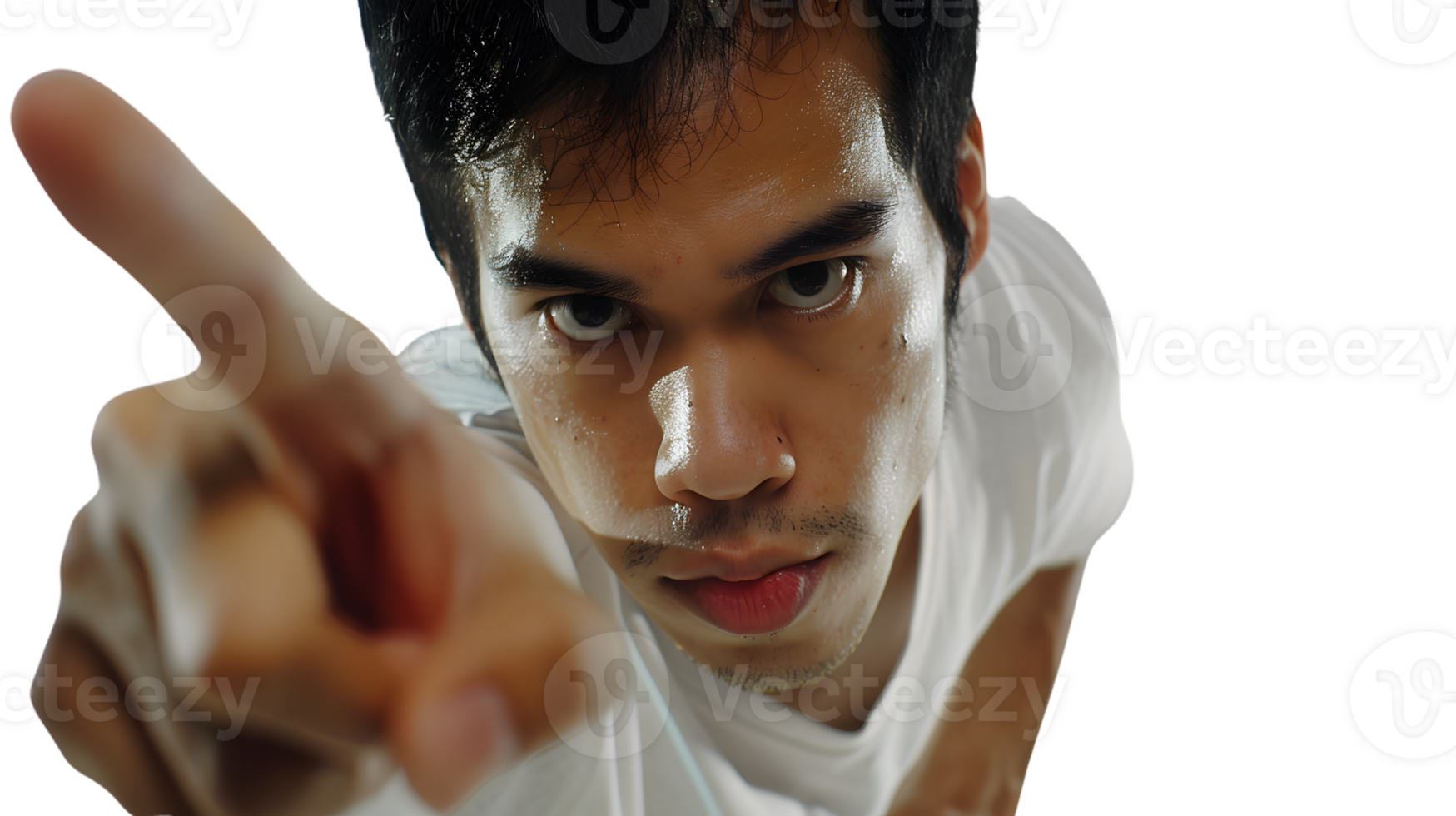 Intense Focus A CloseUp of a Determined Individual Pointing Forward with Sweat and Concentrat png