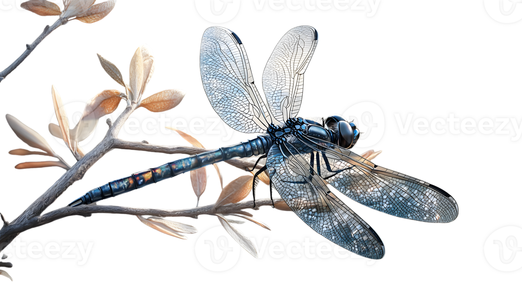 Intricate Blue Dragonfly Perched on a Delicate Branch with Softly Lit Leaves Against a Dark Bac png