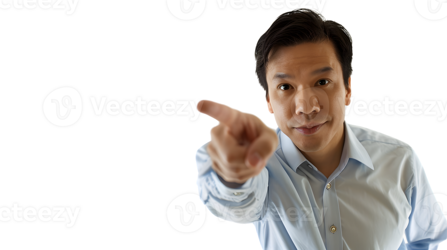 Professional Pointing Gesture Businessman in Light Blue Shirt Directs Attention with Clear Foc png