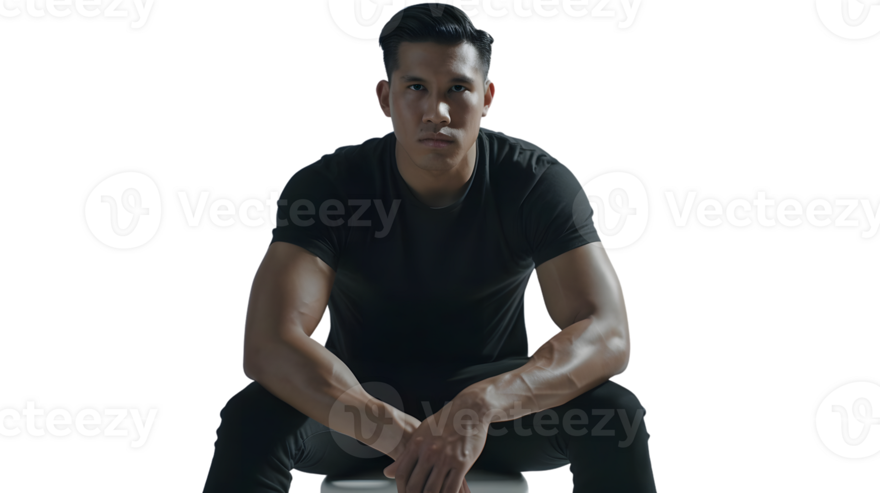 Strong Man in a Casual Pose Muscular Individual Wearing Black TShirt Sitting with Hands Fold png
