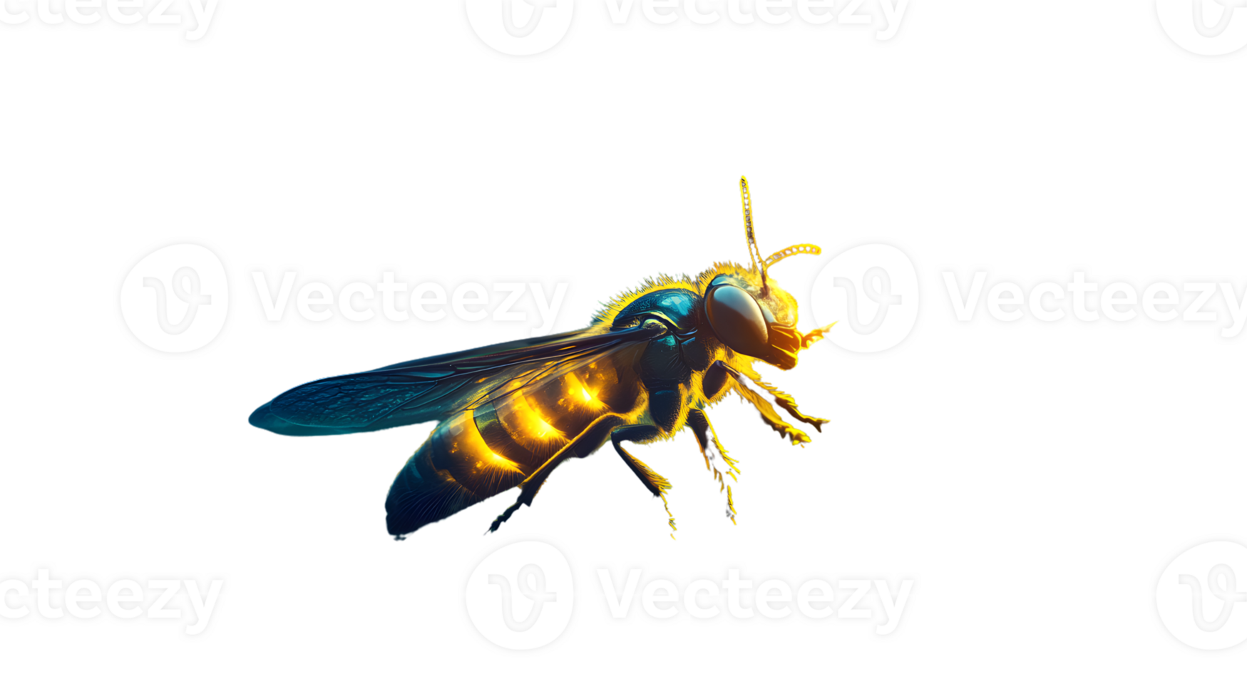 Vibrant Bee in Flight with Illuminated Wings Against a Dark Background png