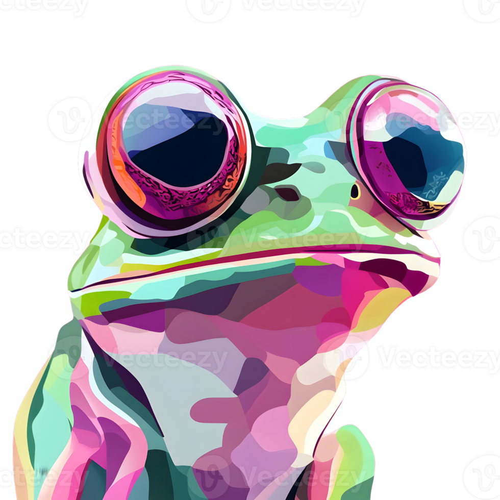 Vibrant Abstract Frog Art with Multicolored Patterns and Expressive Eyes for Creative Designs png