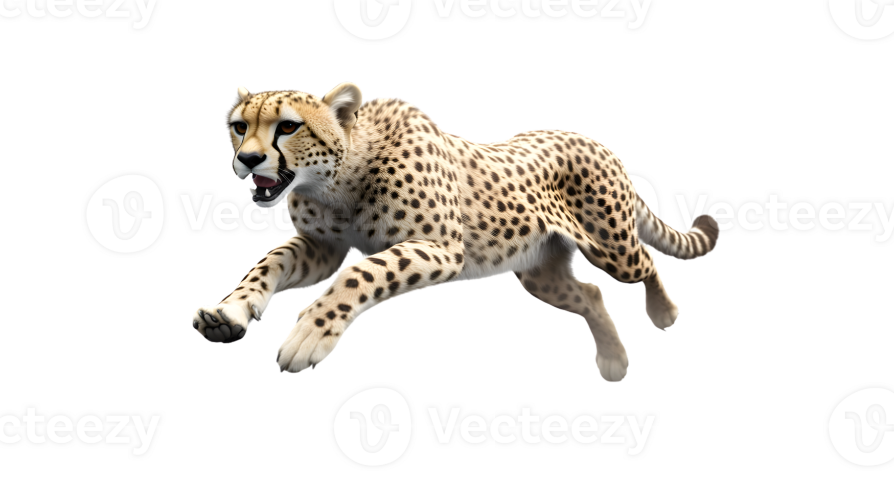 A majestic spotted feline in midstride showcasing its agility and power against a stark backg png