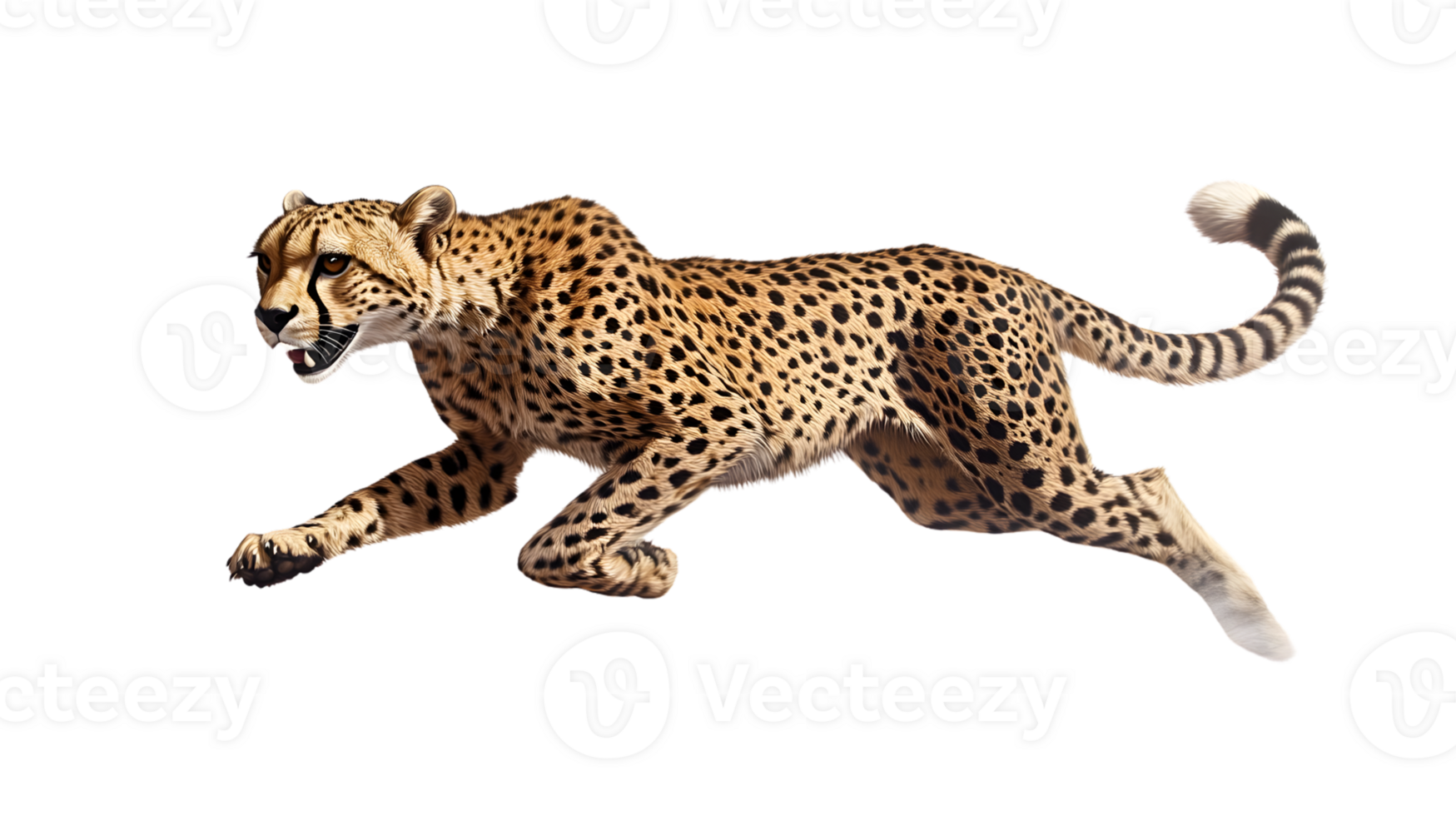 A majestic spotted feline in midstride showcasing its agility and grace against a stark backg png