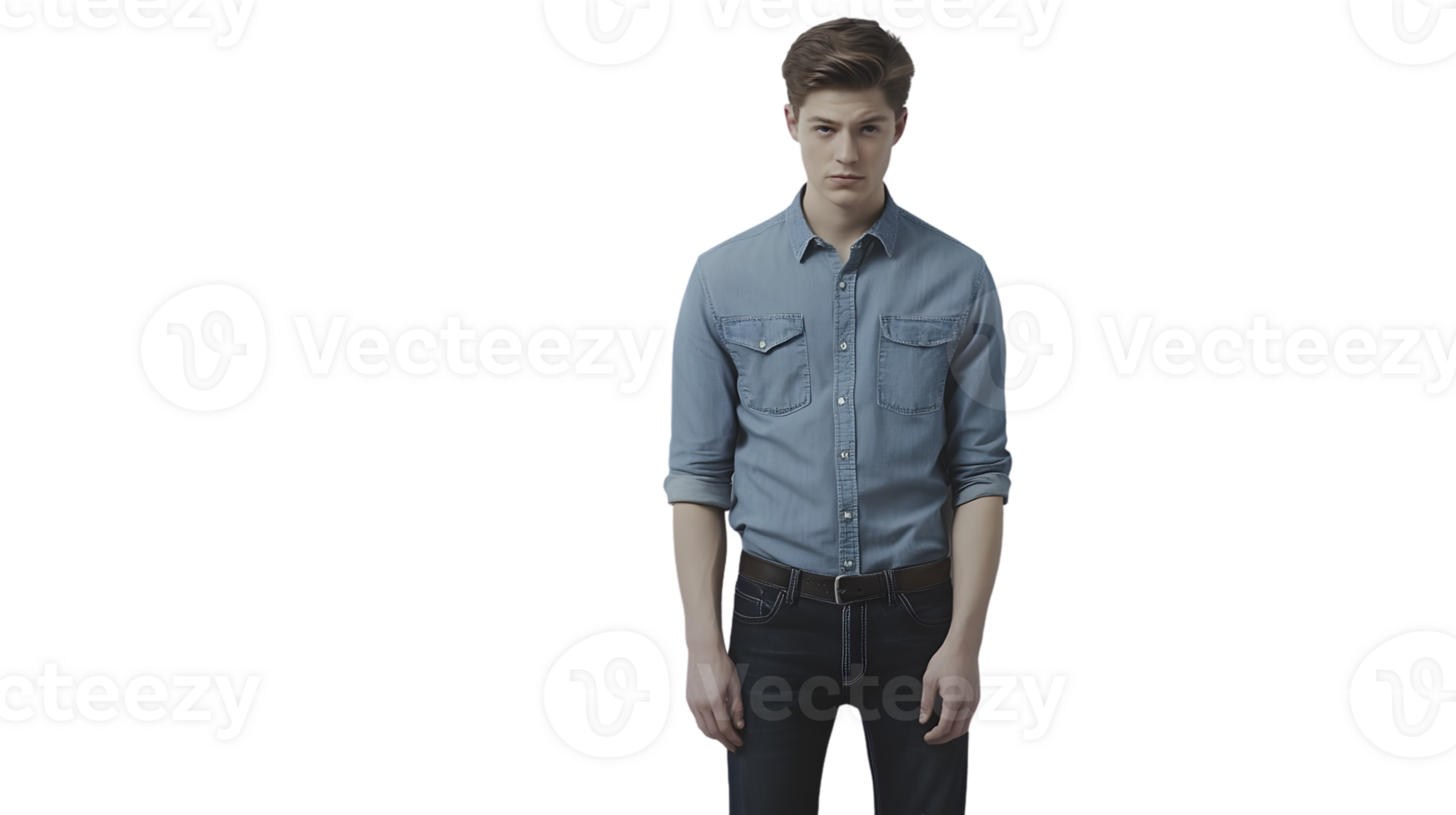 A man dressed in casual attire featuring a denim shirt and jeans standing confidently against png