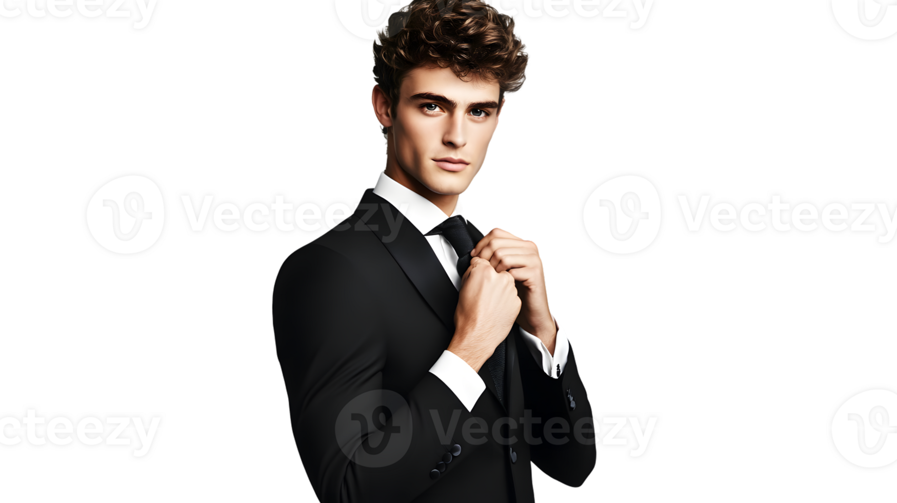 A man in a black suit adjusting his tie exuding confidence and professionalism for business or png