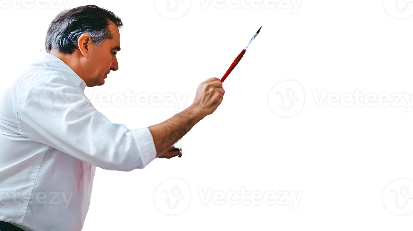 A man in a white shirt holding a paintbrush poised to create art png