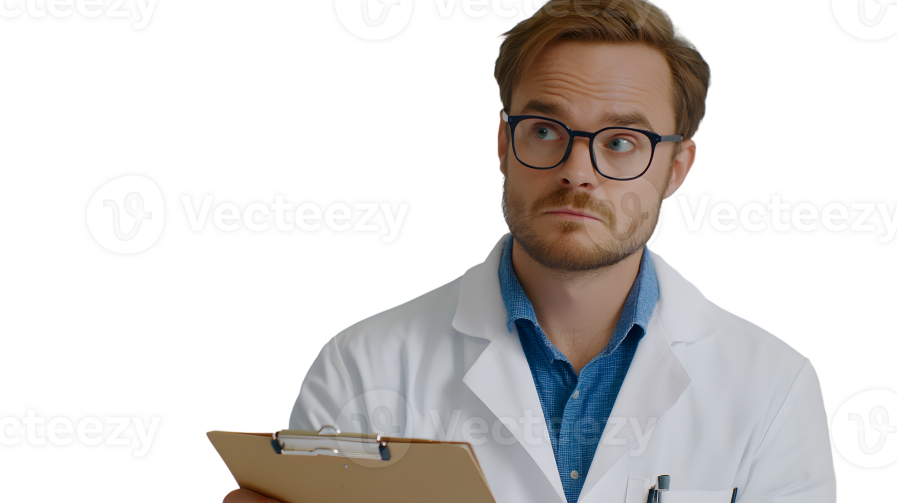 A medical professional in a white lab coat holding a clipboard ideal for healthcare and scienc png