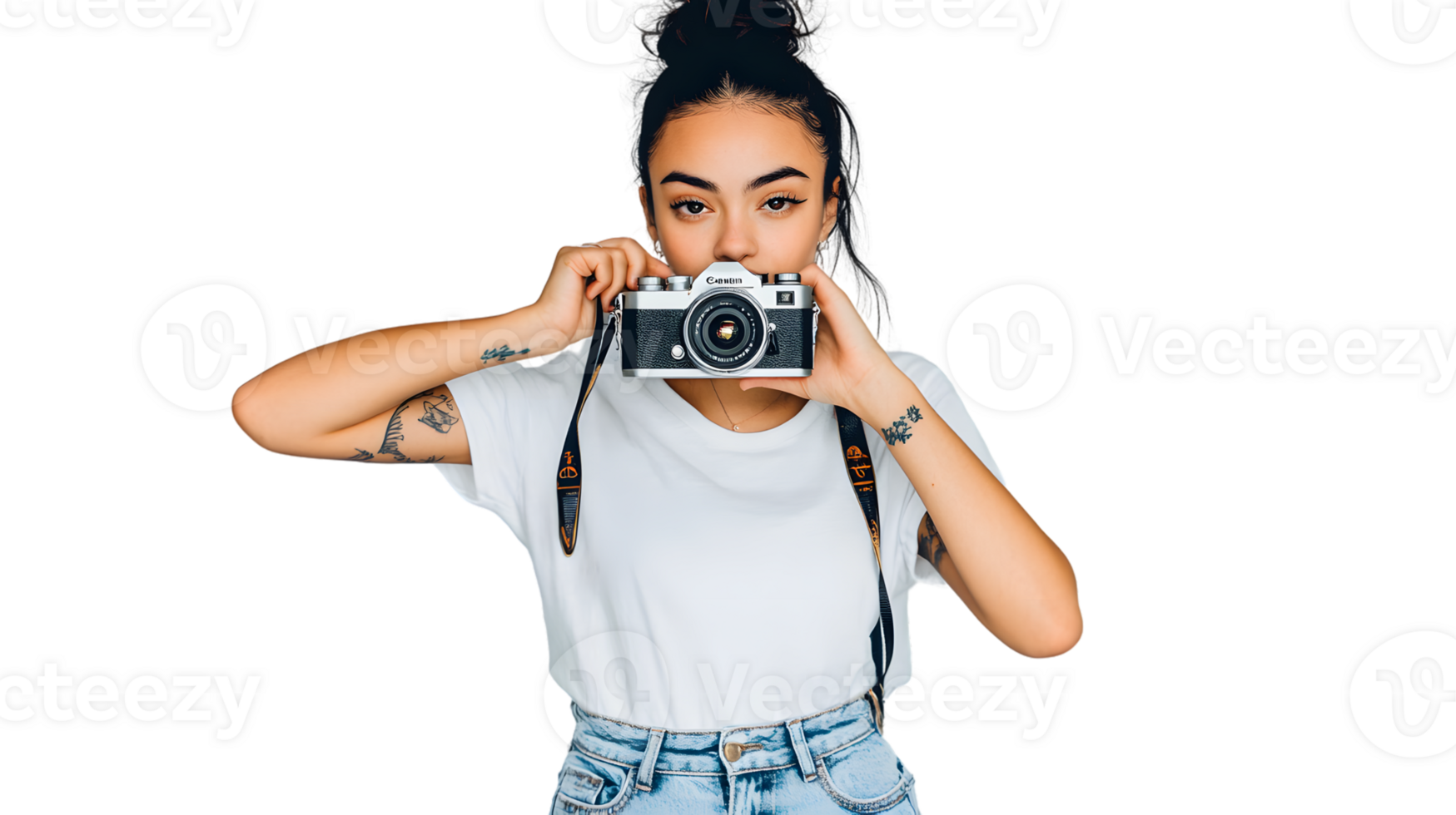 A person holding a camera capturing moments with artistic tattoos and stylish attire png