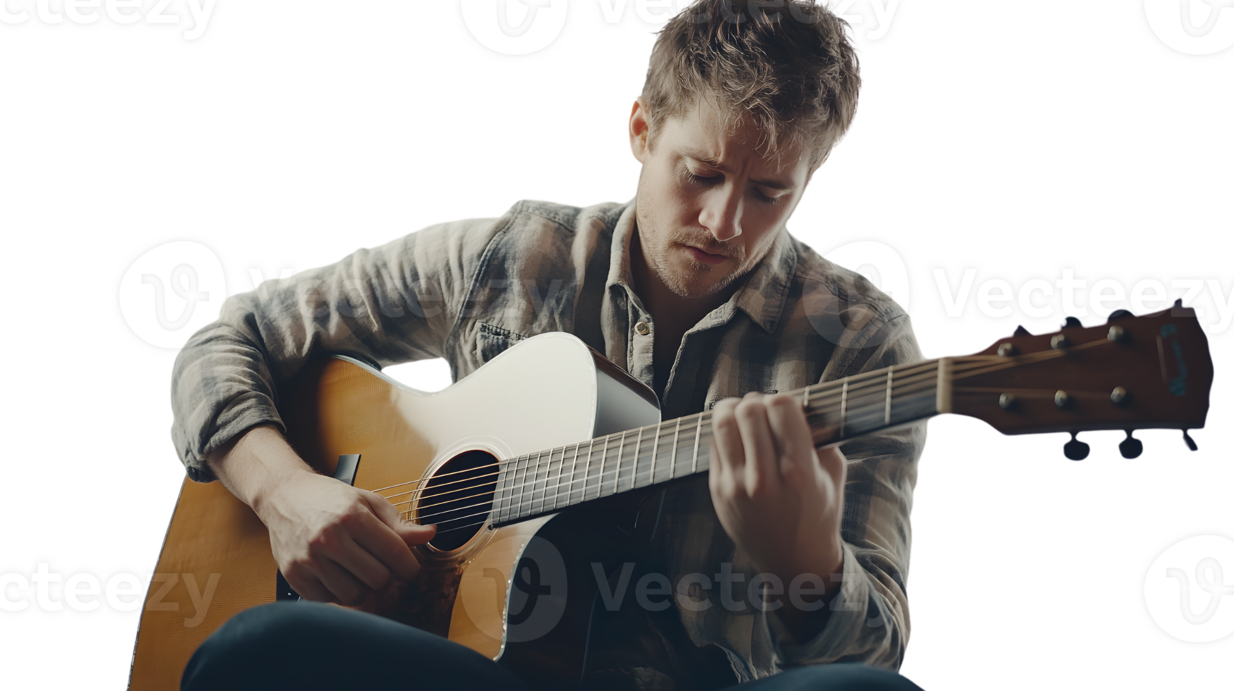 A musician playing an acoustic guitar focused on the strings with a serene expression png