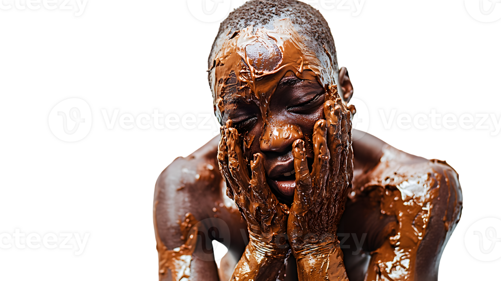 A person covered in chocolate expressing joy and indulgence with hands on face png