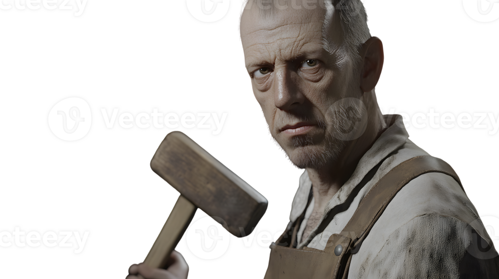 A rugged individual holding a hammer dressed in work attire with a serious expression png