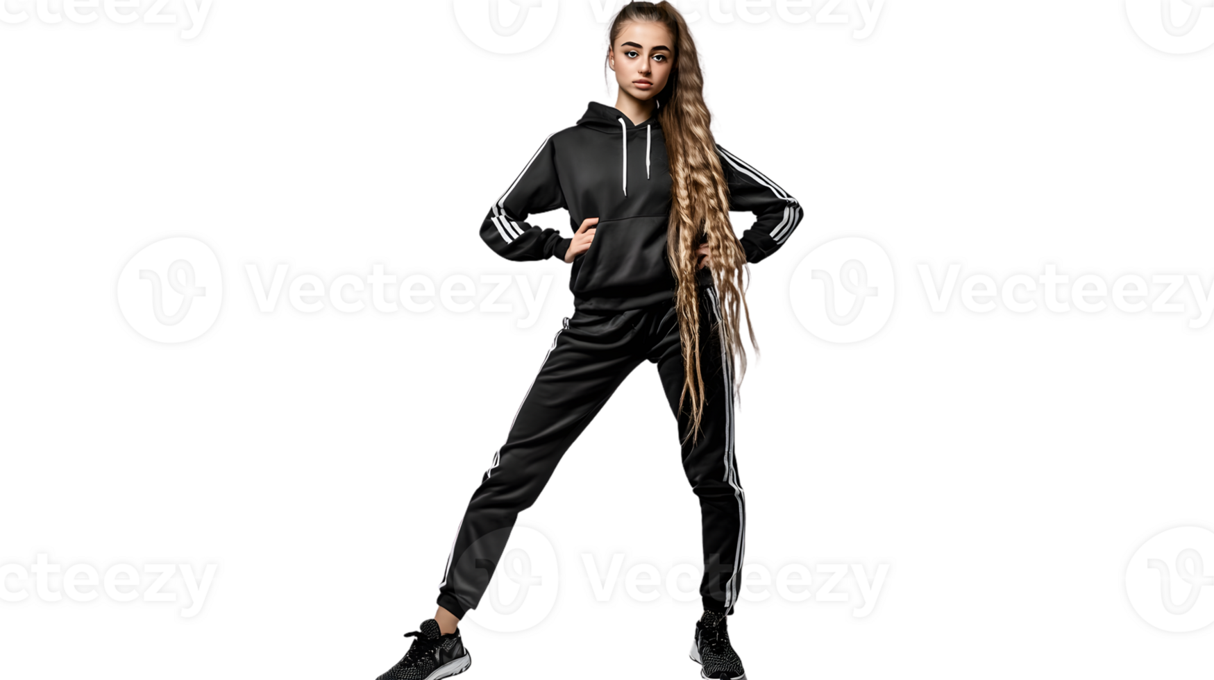 A woman in a stylish black tracksuit posing confidently against a black background ideal for f png