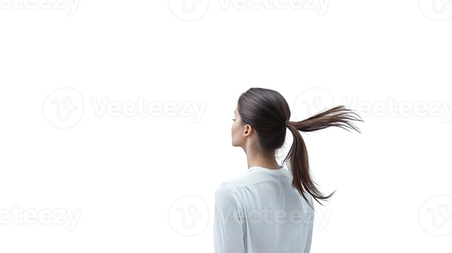 A woman with flowing hair in a ponytail captured in motion against a black background png