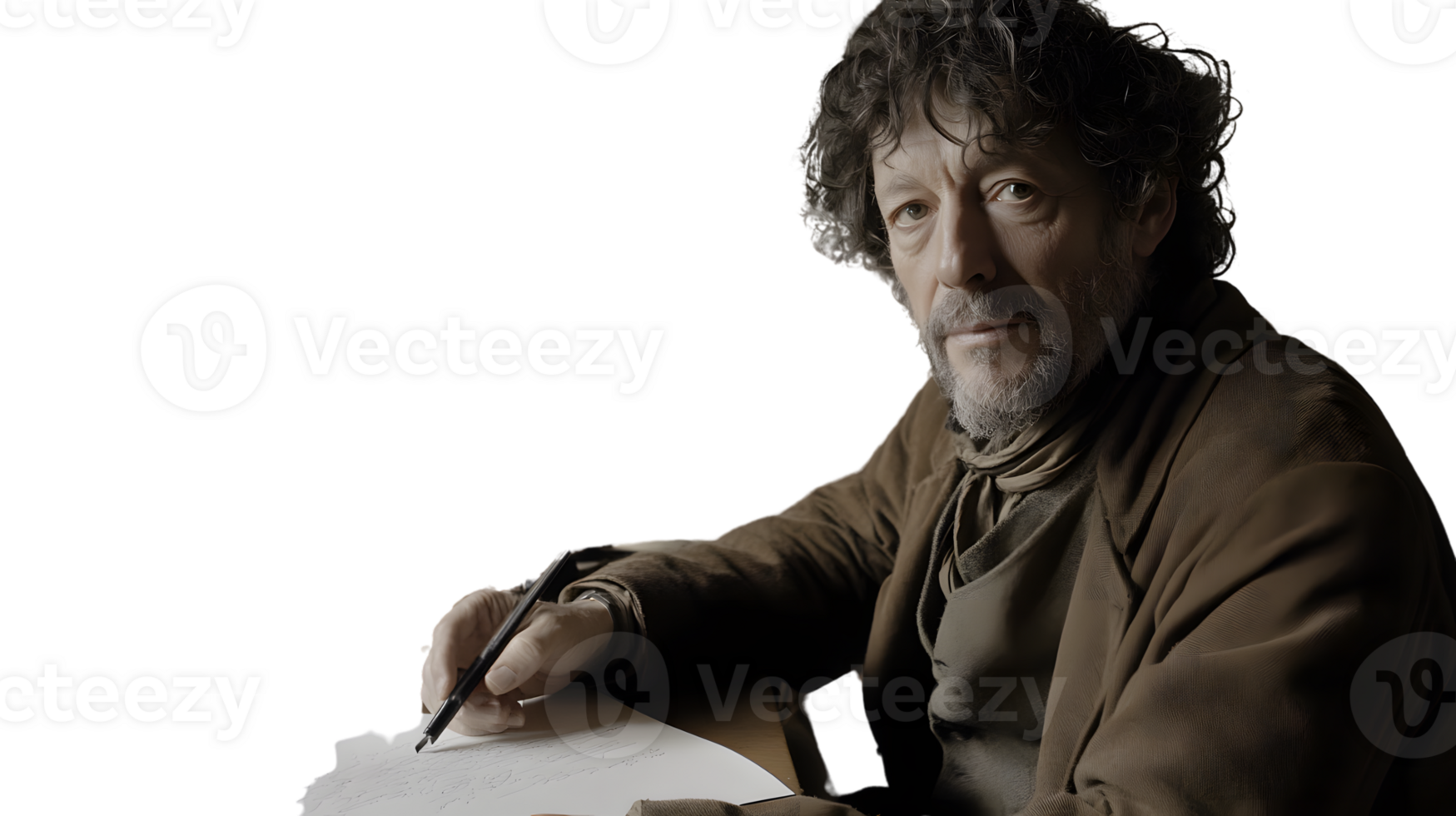 A writer in deep thought penning words on paper with a focused expression png