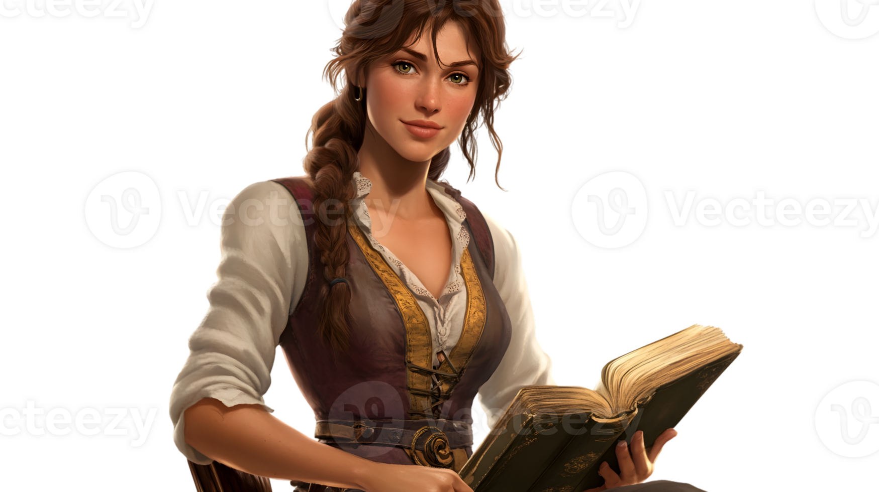A woman in medieval attire holding an ancient book perfect for fantasy and historical themes png