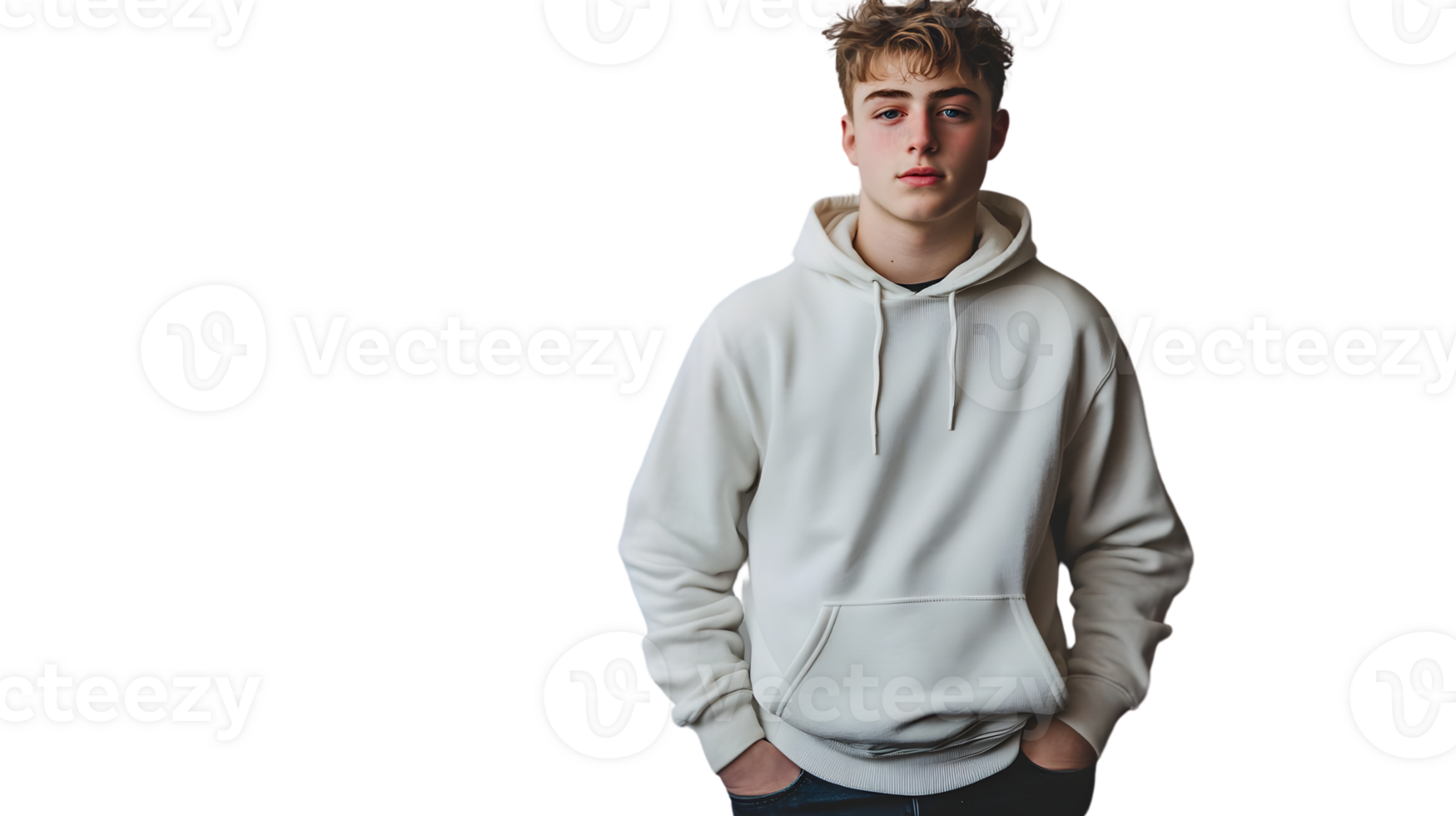 A young individual wearing a white hoodie hands in pockets against a black background png