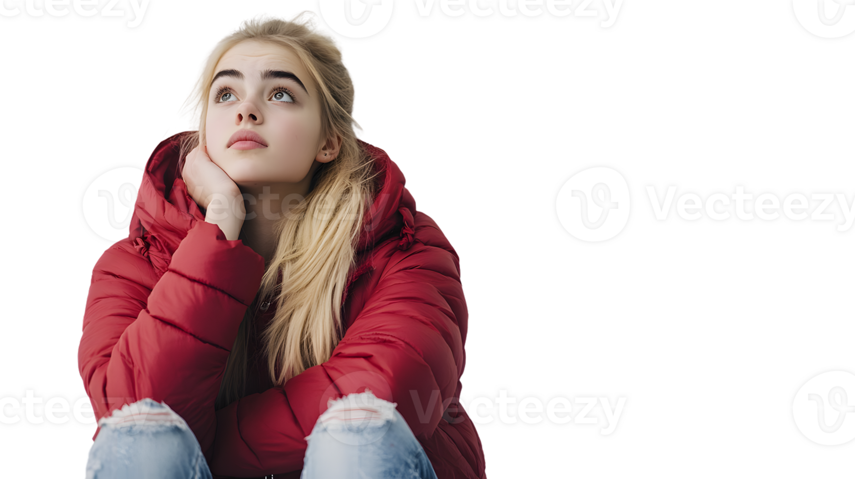 A young individual in a red puffer jacket resting their chin on their hand with a thoughtful e png