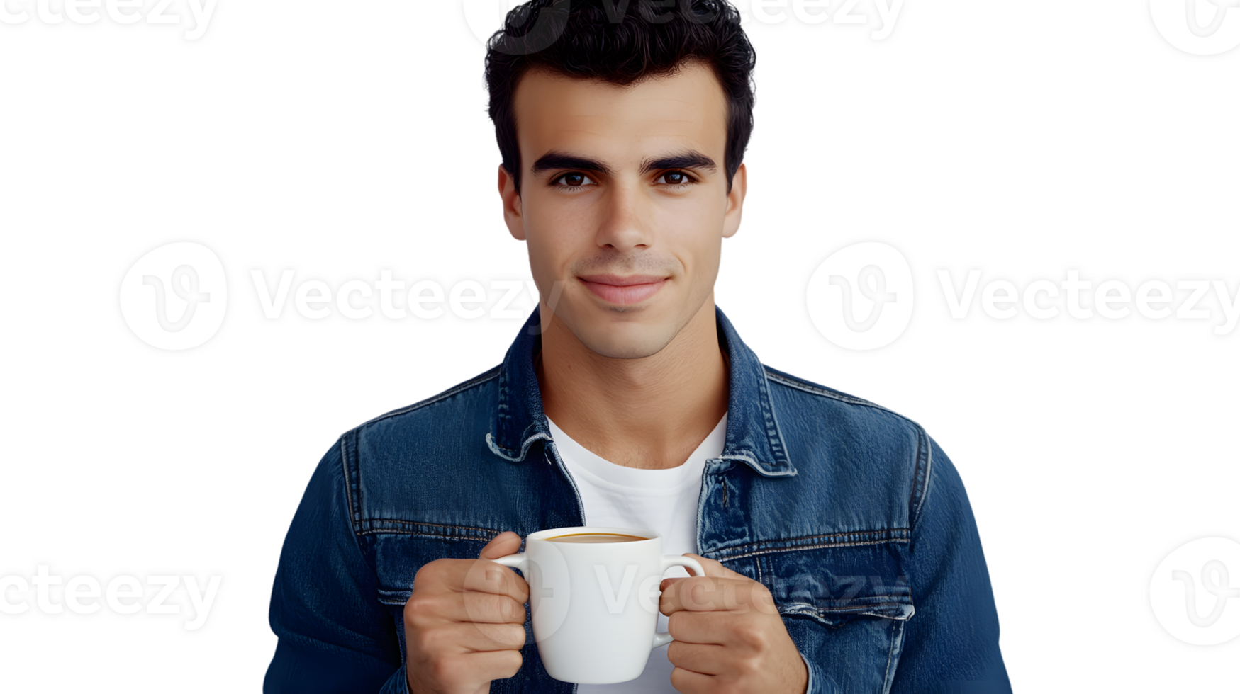 A young man enjoying a warm beverage dressed in casual attire with a denim jacket and white sh png