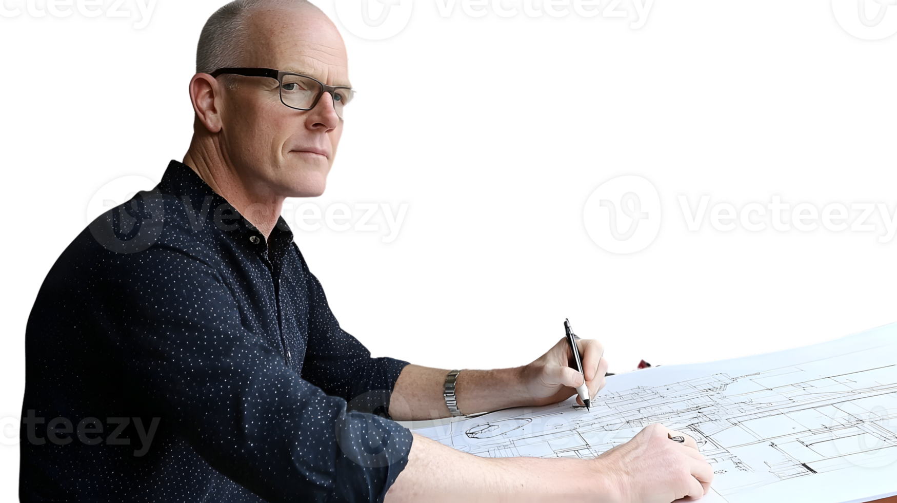 Architect Focused on Blueprint Design with Precision and Expertise png