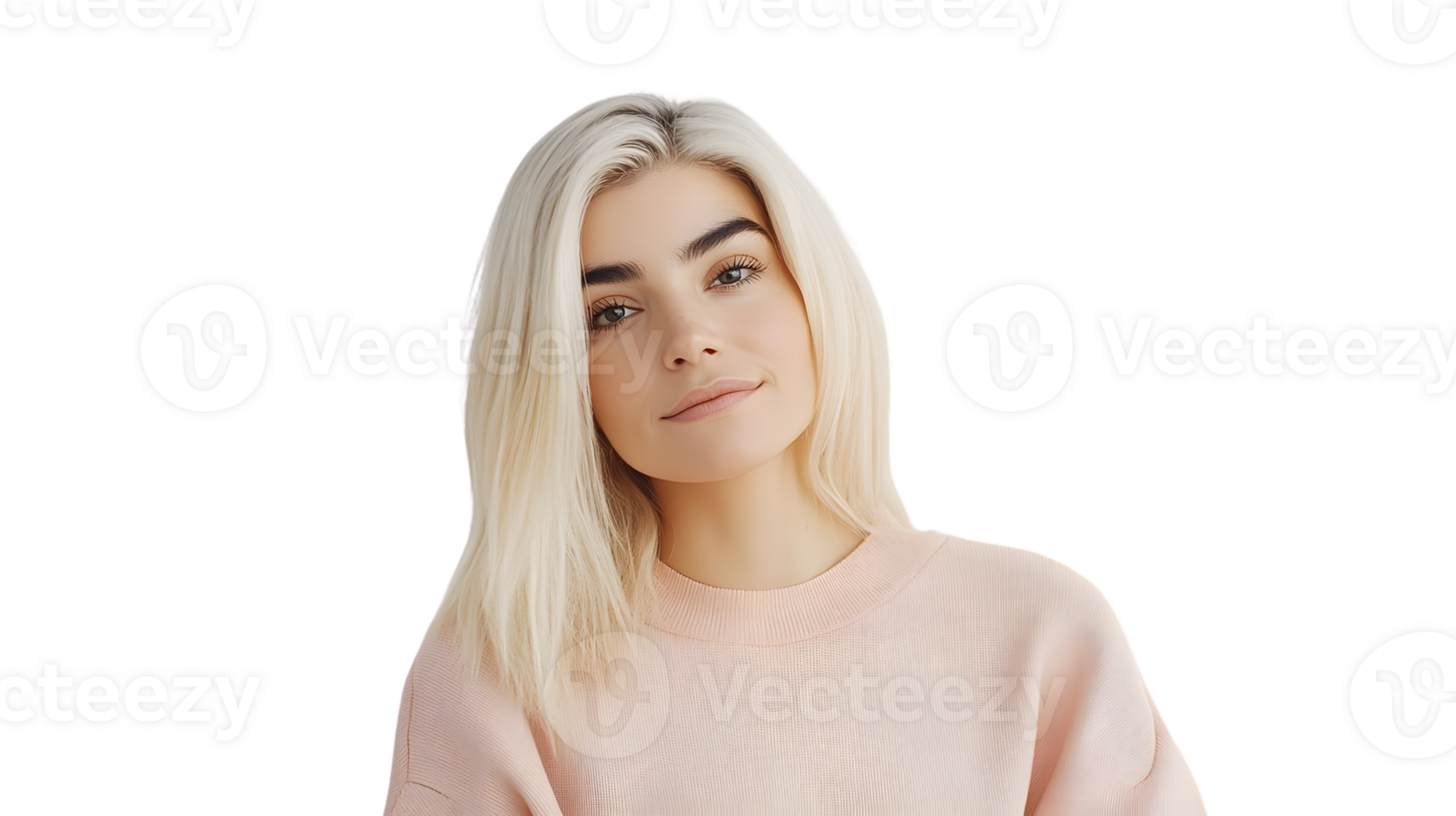 Blonde Woman with Soft Smile Wearing a Pastel Pink Sweater Against a Black Background png