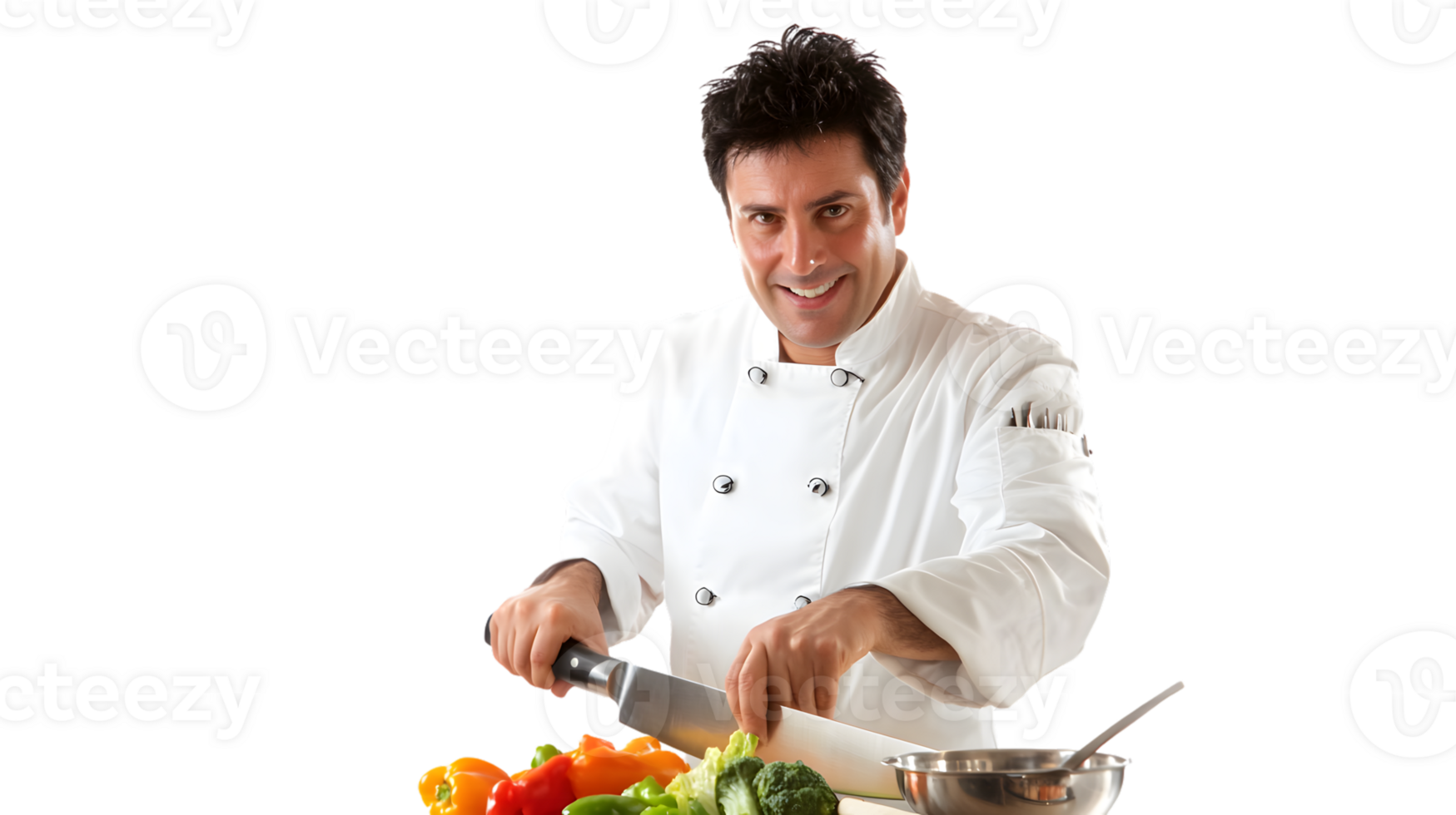 Chef in Action Cutting Fresh Vegetables with a Knife and Wearing a White Uniform png