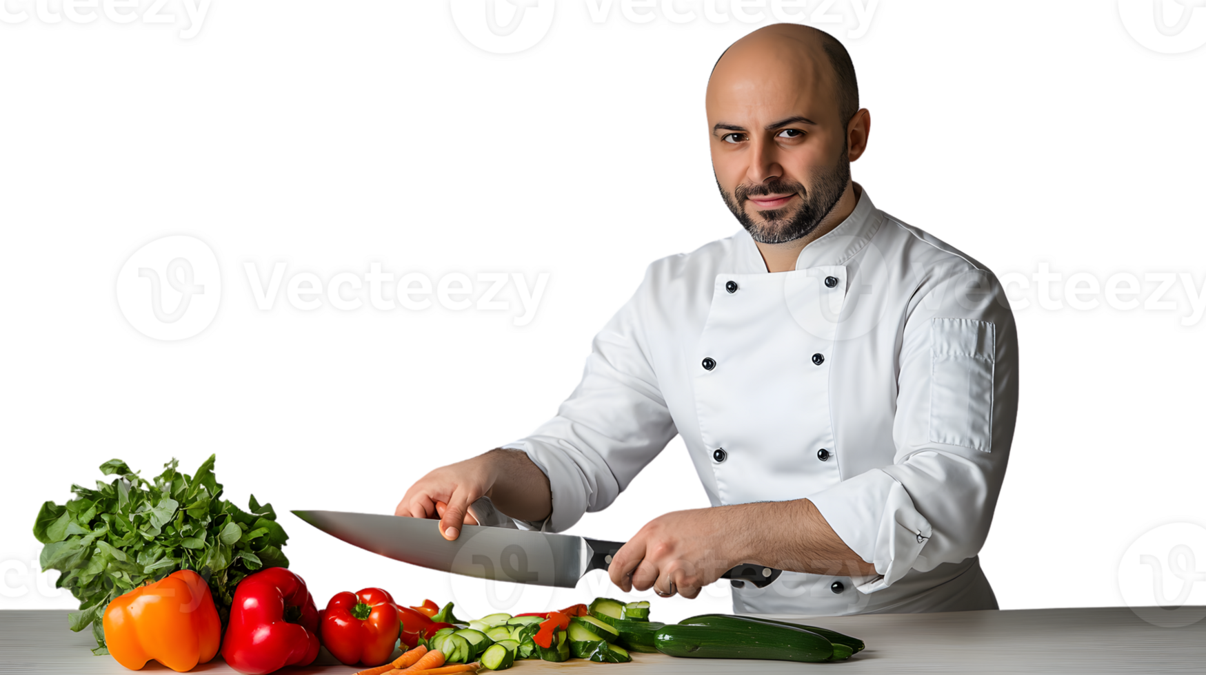 Chef in Action Preparing Fresh Vegetables with Knife and Cutting Board png