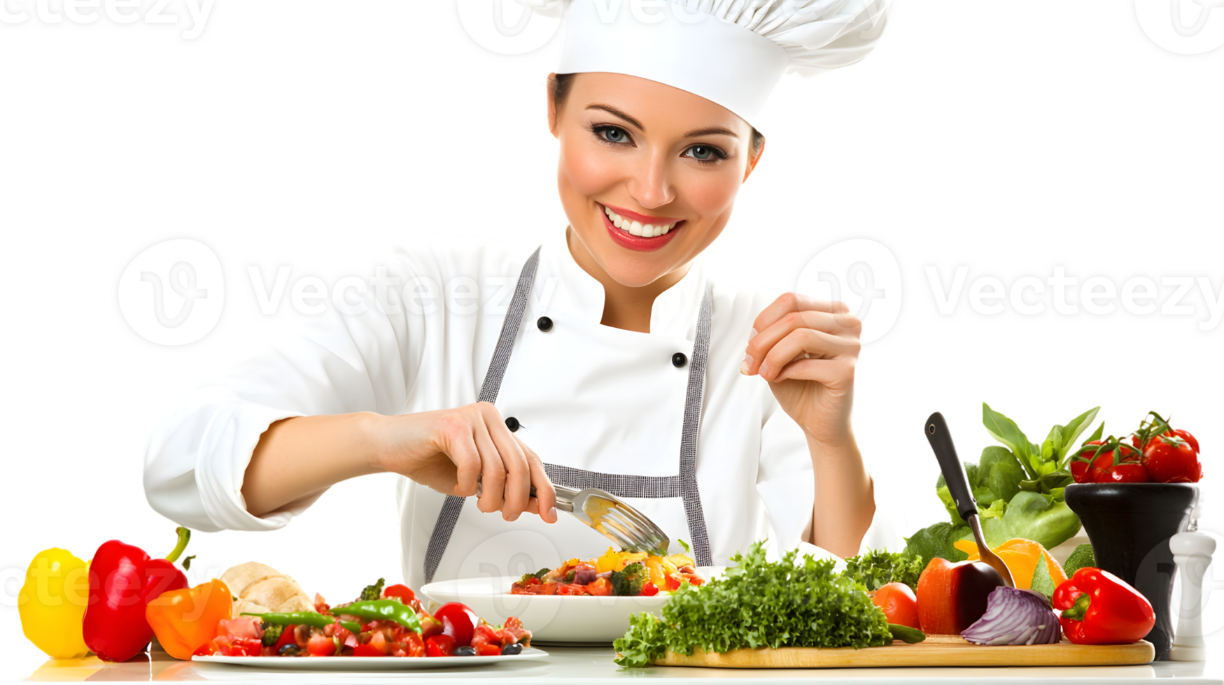Chef in Action Preparing a Fresh and Colorful Salad with Vegetables png