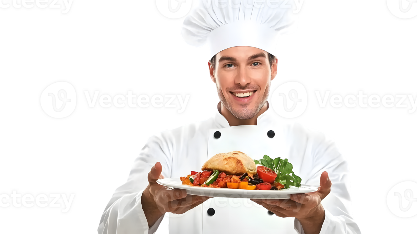 Chef Presenting a Freshly Prepared Salad with Bread Roll and Vegetables Culinary Expertise in png