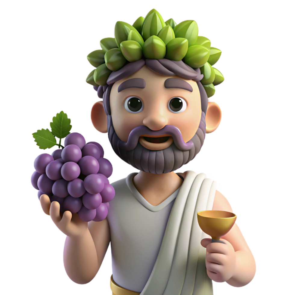 stunning rustic Dionysus, god of wine, holding a grapevine, 4K png