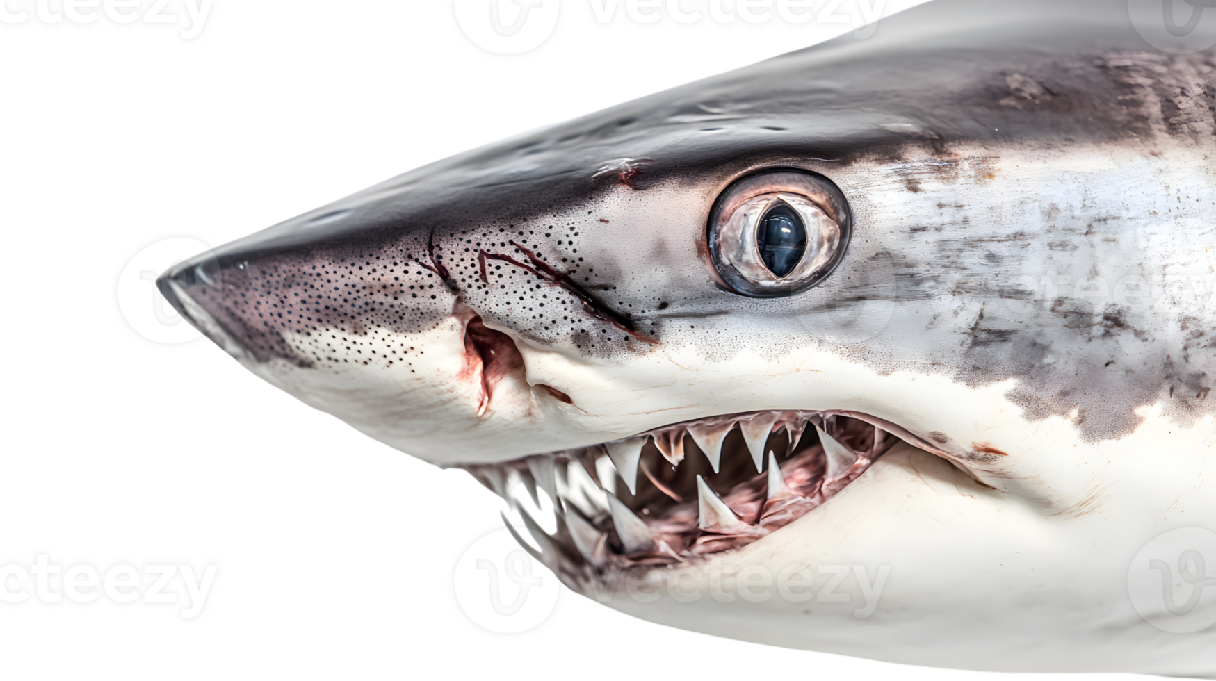 Closeup of a sharks head showing sharp teeth and eye detail png
