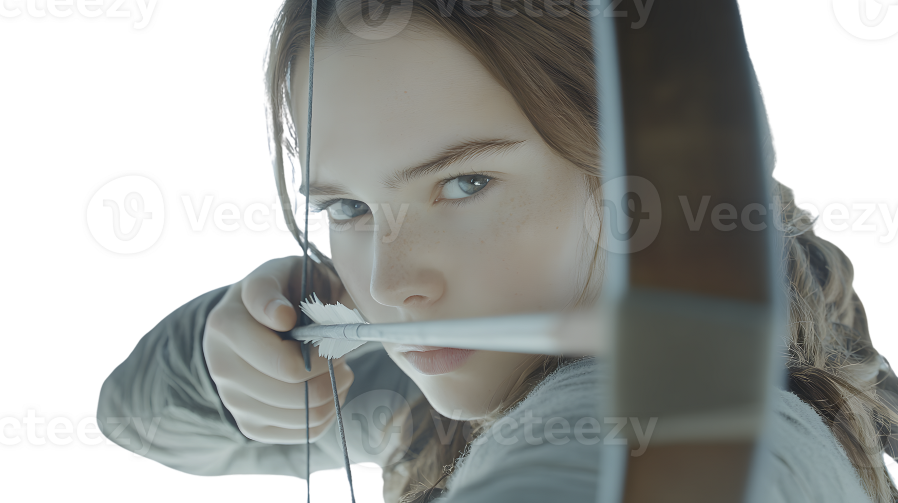 Closeup of a young woman aiming a bow and arrow png