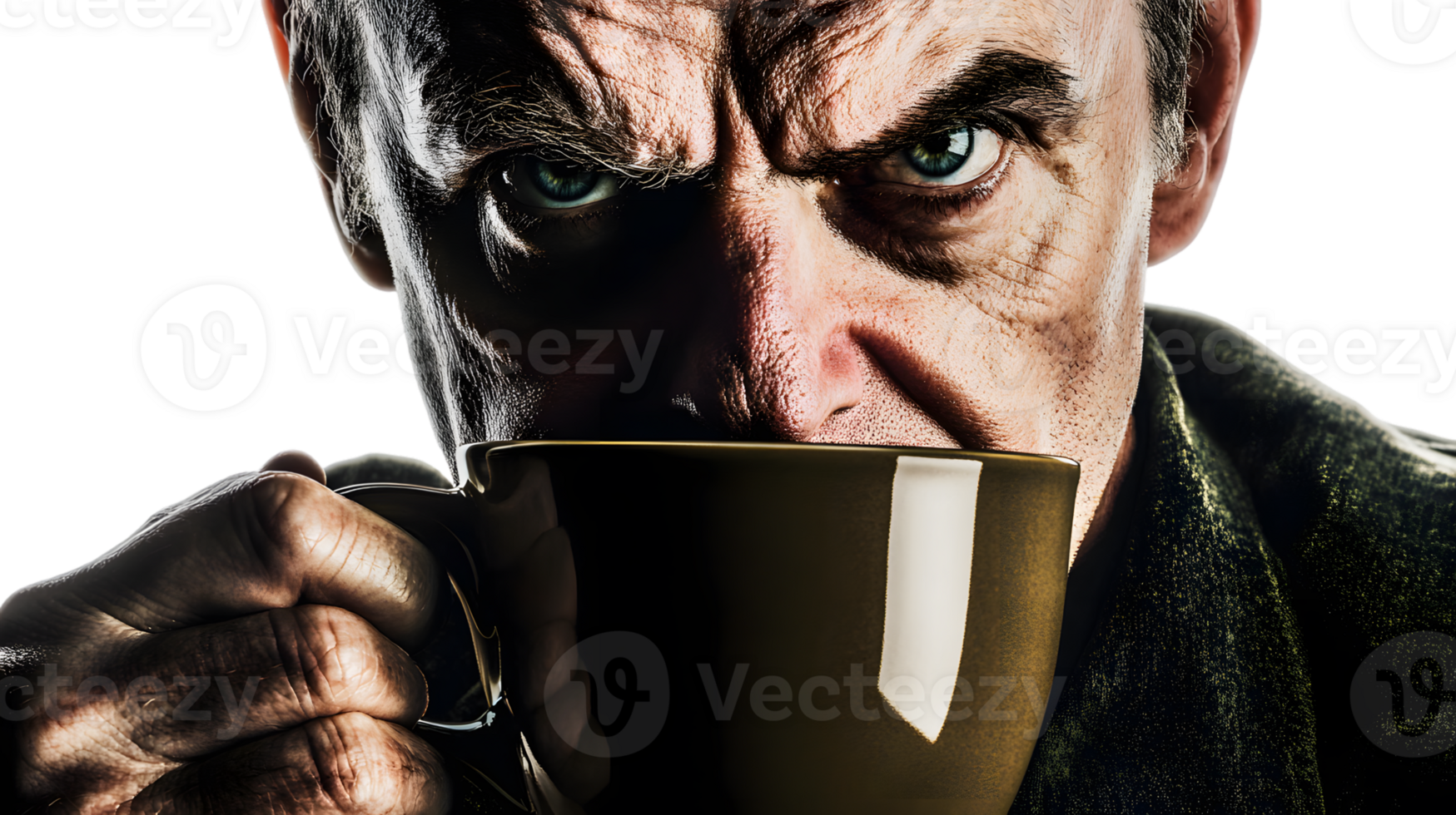 Closeup portrait of a man drinking from a mug intense expression png