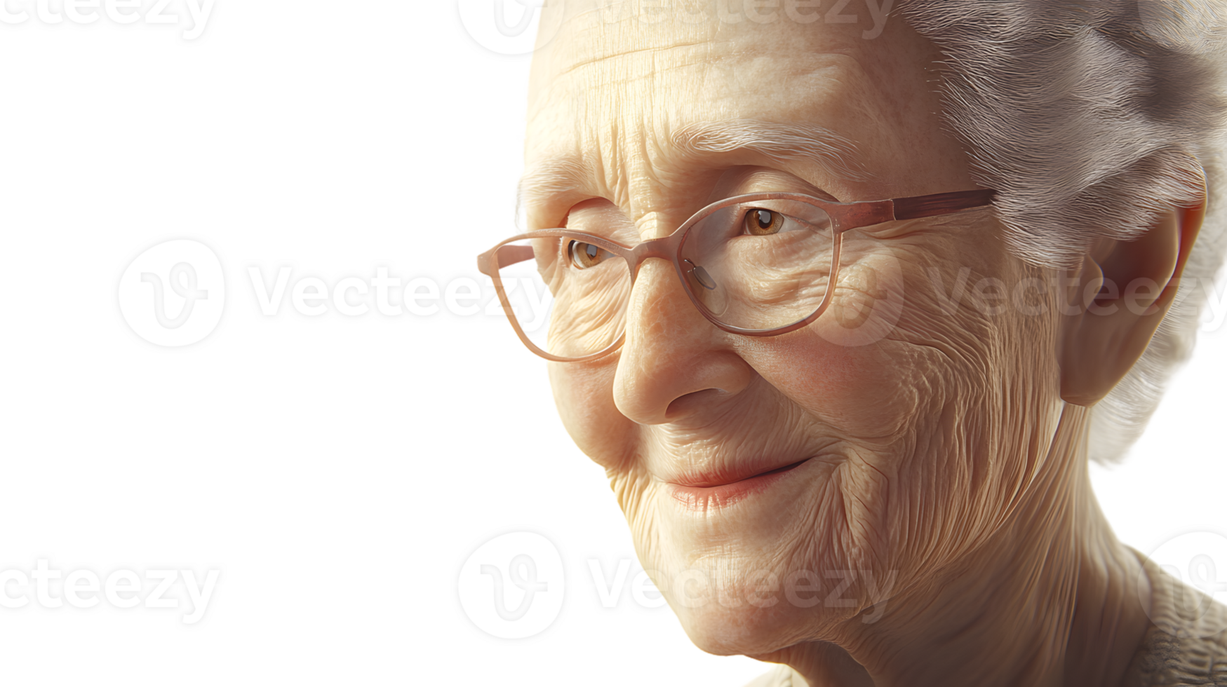 Closeup portrait of a senior woman with glasses showing wrinkles and texture png